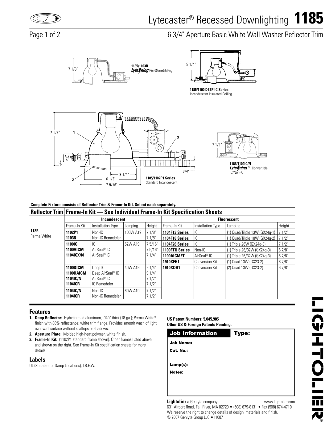 Lightolier 1185 specifications Lytecaster Recessed Downlighting , Aperture Basic White Wall Washer Reflector Trim, Labels 